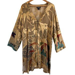 Citron Santa Monica XL Silk Blend Sheer Burnout Kimono Jacket Asian Crane Print
